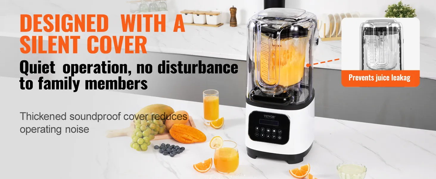 VEVOR professional blender with silent cover for quiet operation, prevents juice leakage, and reduces noise.