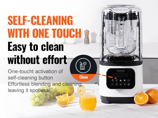 VEVOR professional blender with self-cleaning feature, orange juicing, and clean kitchen backdrop.