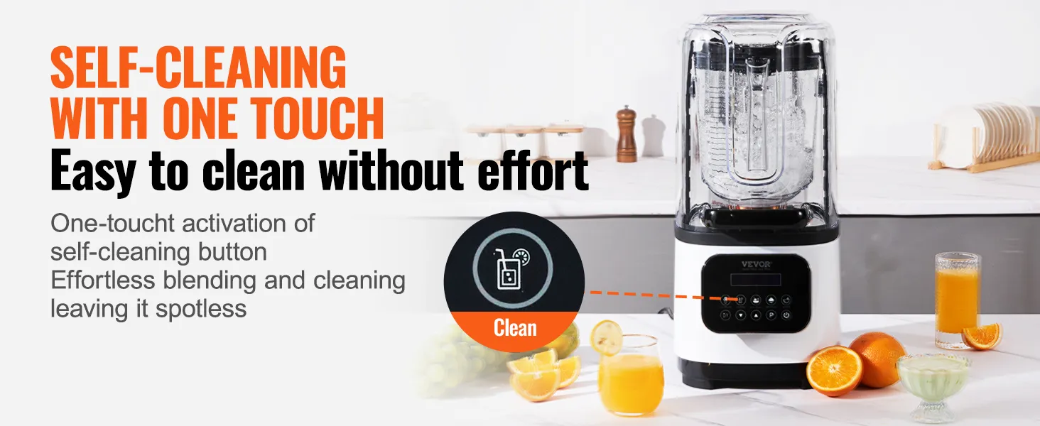VEVOR professional blender with self-cleaning feature, orange juicing, and clean kitchen backdrop.