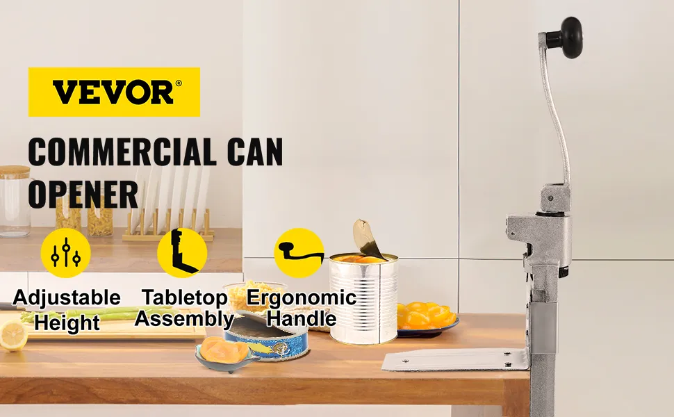 Abrelatas comercial VEVOR con altura ajustable y mango ergonómico sobre encimera.