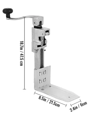 Abrelatas comercial VEVOR con medidas: 18,7 pulgadas de alto, 8,5 pulgadas de largo, 2,4 pulgadas de ancho.