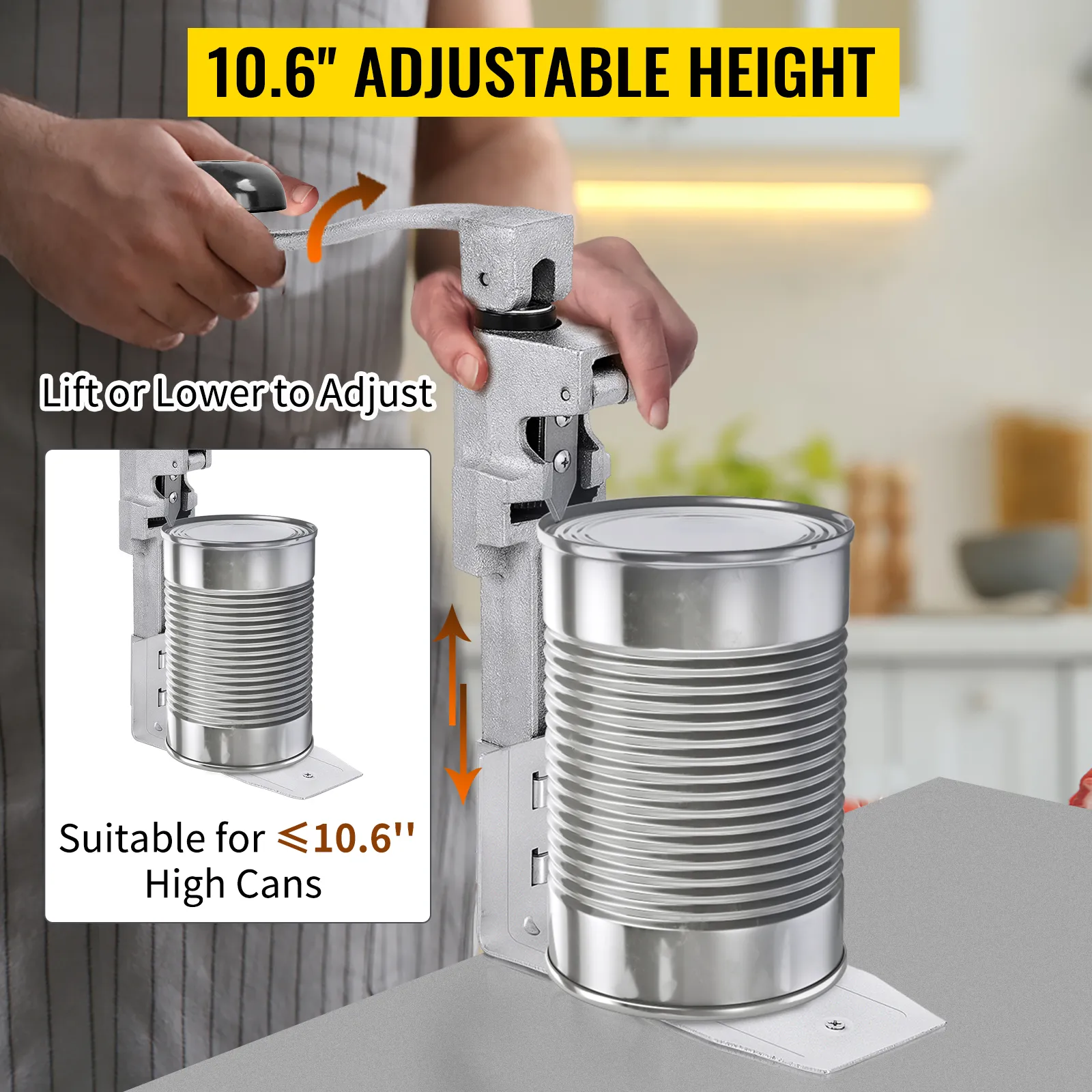 Abrelatas comercial VEVOR con altura ajustable de 10,6" para latas altas.