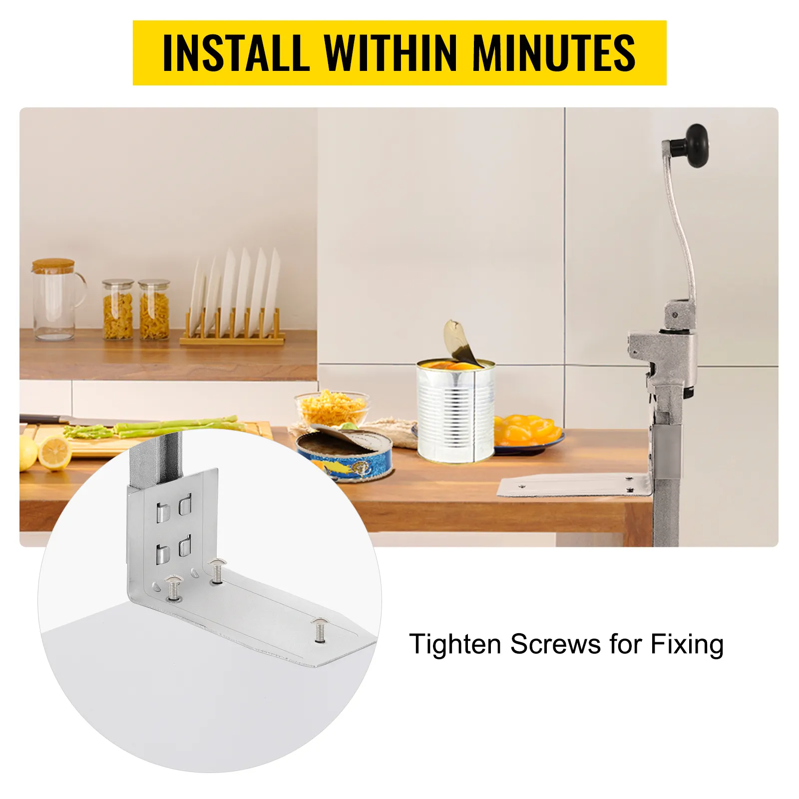 Abrelatas comercial VEVOR instalado en una encimera de cocina, apriete los tornillos para fijarlo.