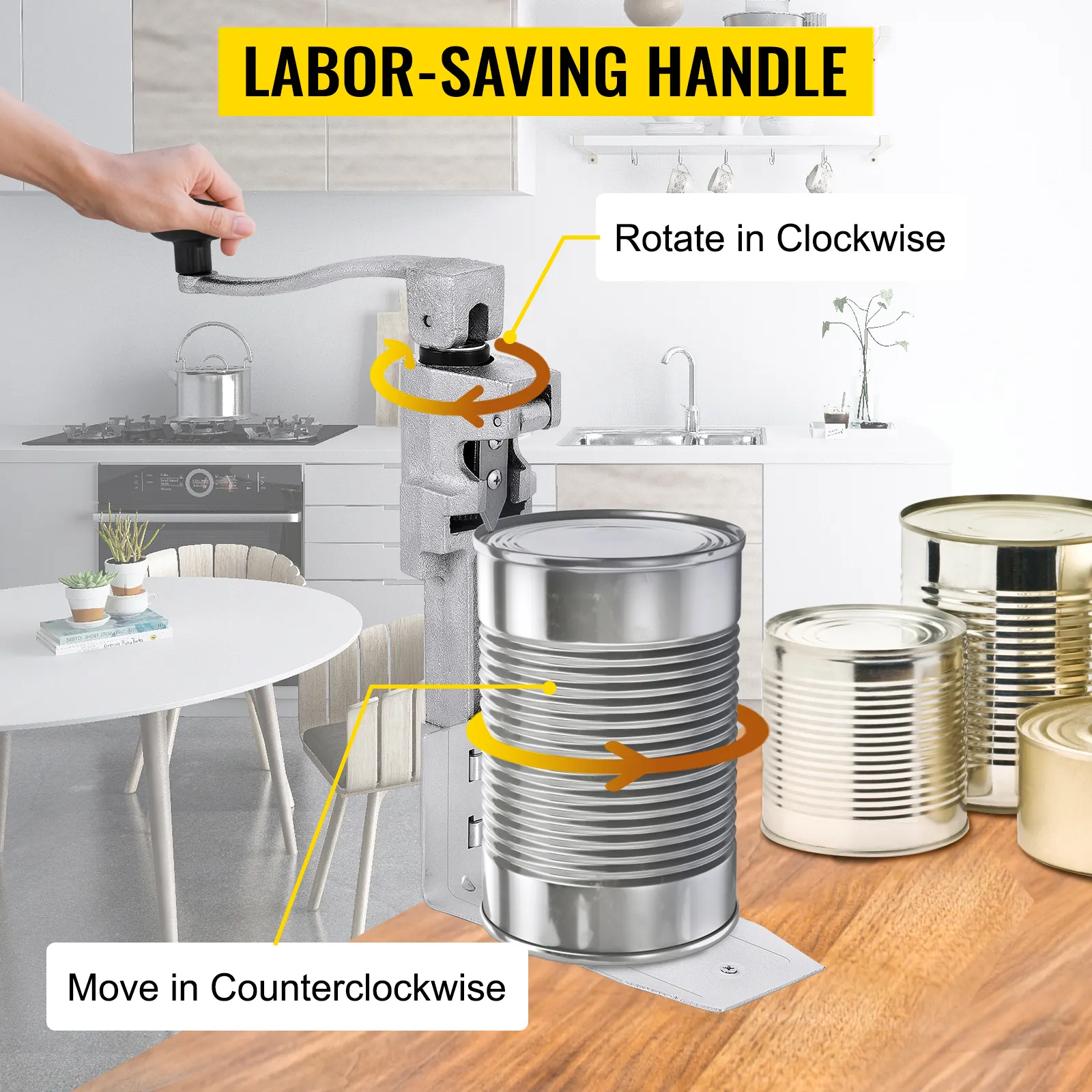 Abrelatas comercial VEVOR con mango que ahorra trabajo en un entorno de cocina moderno