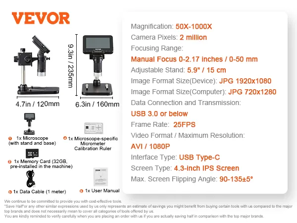 Microscopio digital VEVOR con aumento de 50x-1000x, cámara de 2mp, pantalla de 4,3 pulgadas y usb tipo-c.