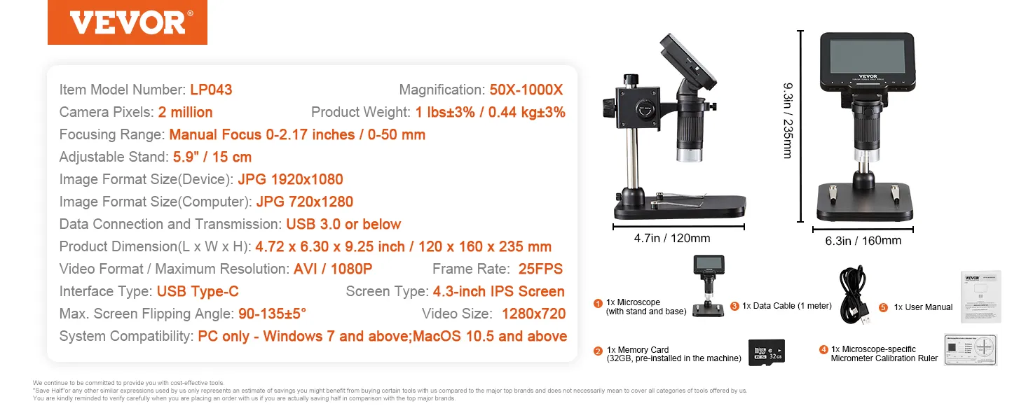 Microscopio digital VEVOR con aumento de 50x-1000x, cámara de 2mp, pantalla de 4,3 pulgadas y usb tipo-c.