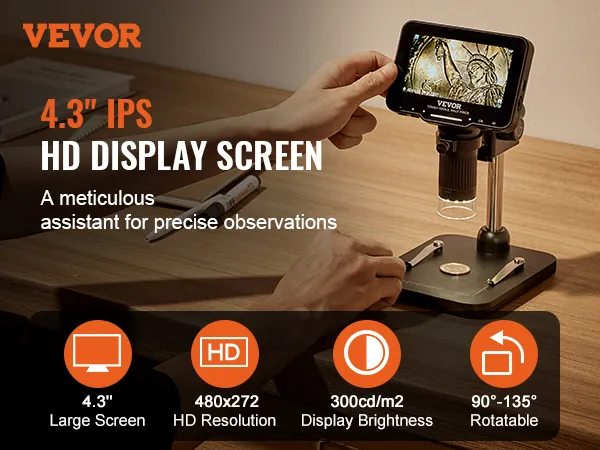 Microscopio digital VEVOR con pantalla IPS de 4,3", enfoque en una moneda, resolución HD y base giratoria.