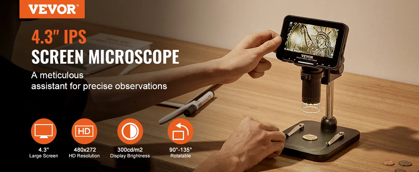 Microscopio digital VEVOR con pantalla IPS de 4,3", enfoque en una moneda, resolución HD y base giratoria.