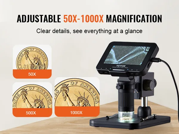 Microscopio digital VEVOR ajustable con aumento de 50x a 1000x para investigación de plantas, observación de monedas, identificación de joyas y mantenimiento de circuitos.