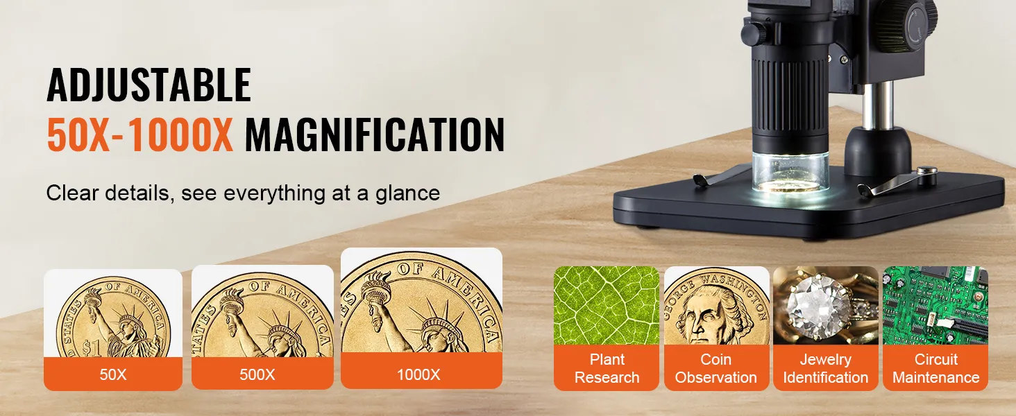 Microscopio digital VEVOR ajustable con aumento de 50x a 1000x para investigación de plantas, observación de monedas, identificación de joyas y mantenimiento de circuitos.