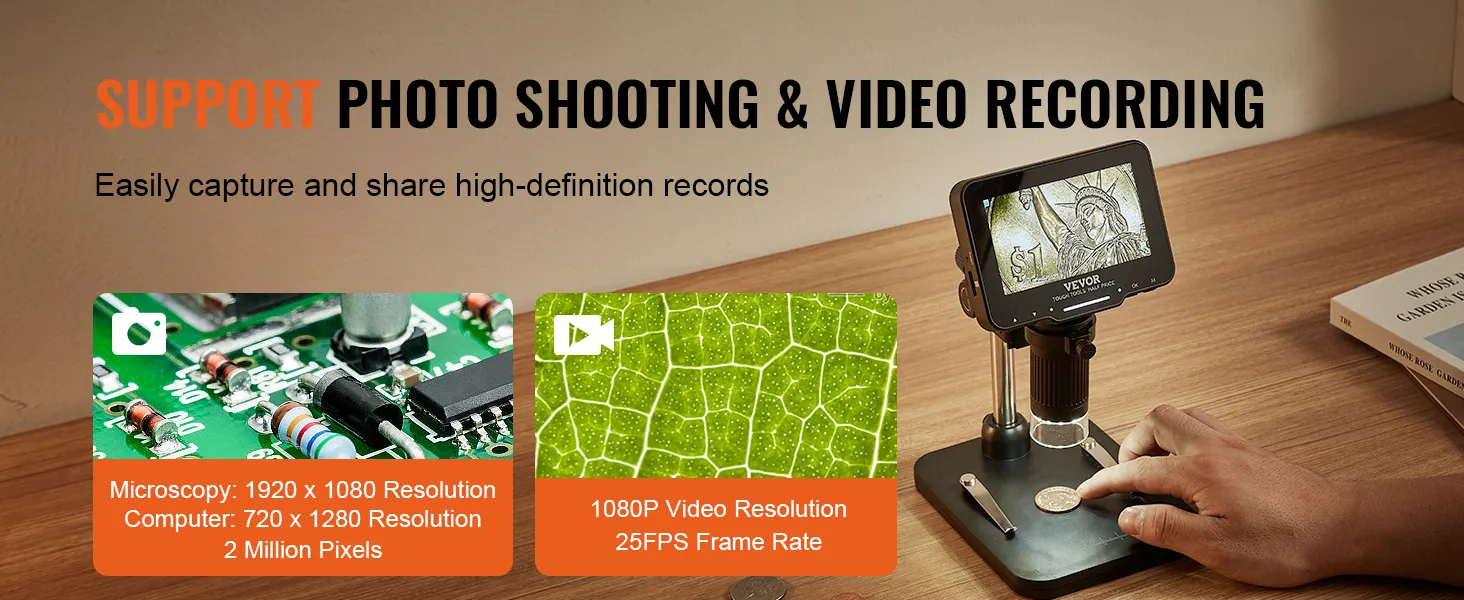 Microscopio digital VEVOR que muestra capacidades de grabación de vídeos y fotografías de alta resolución.