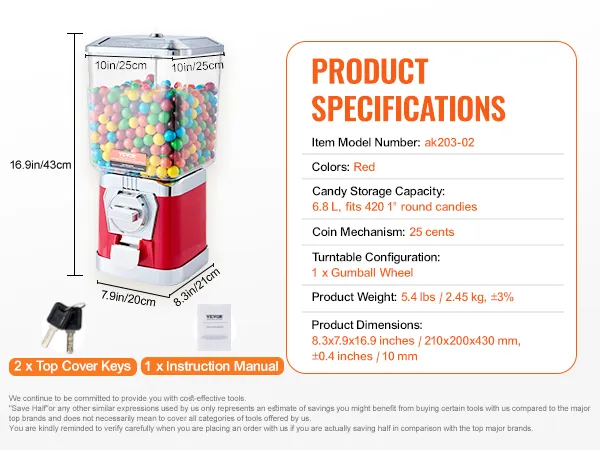 VEVOR gumball machine with keys, manual, 6.8l capacity, fits 420 candies, coin mech, and product specs.