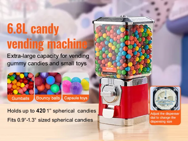 6.8l candy vending machine with gumballs, bouncy balls, and capsule toys; adjustable dispenser dial.