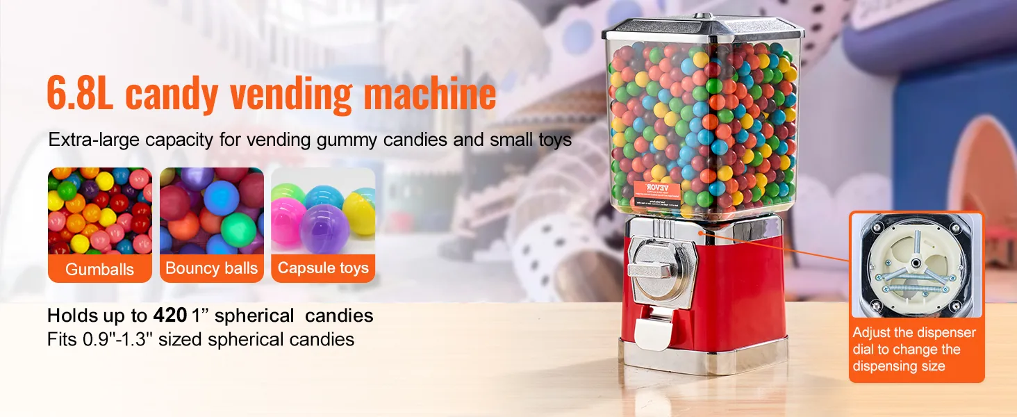 6.8l candy vending machine with gumballs, bouncy balls, and capsule toys; adjustable dispenser dial.