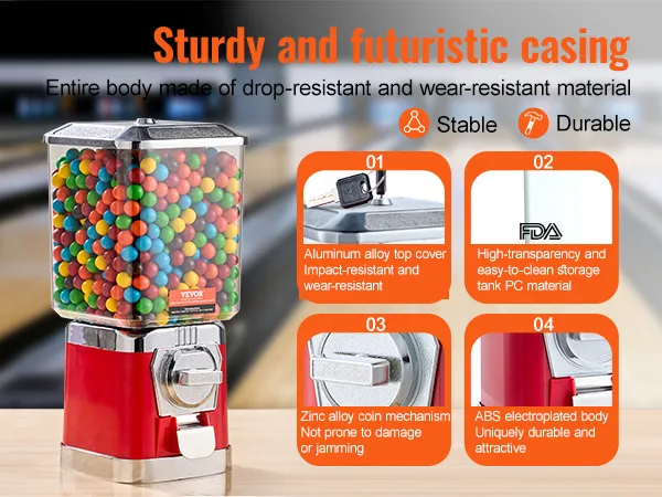 VEVOR gumball machine with aluminum alloy top, high-transparency pc tank, and zinc alloy coin mechanism.