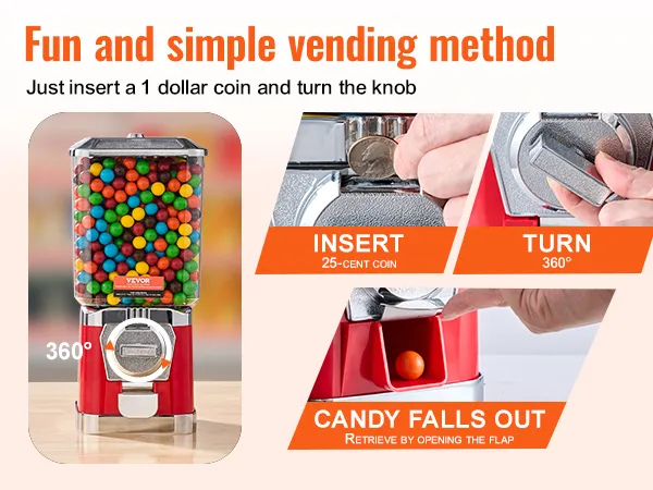 VEVOR gumball machine: insert a coin, turn the knob, and enjoy colorful gumballs from the dispenser.