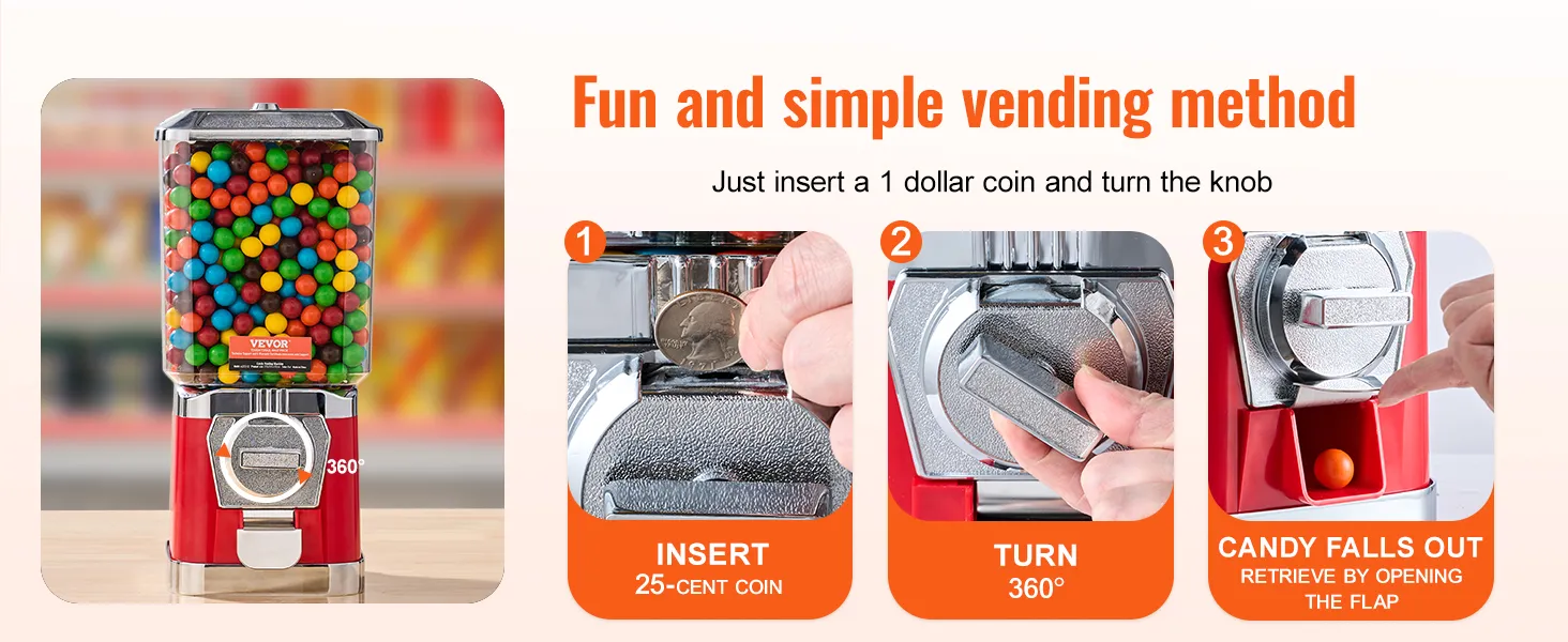 VEVOR gumball machine: insert a coin, turn the knob, and enjoy colorful gumballs from the dispenser.