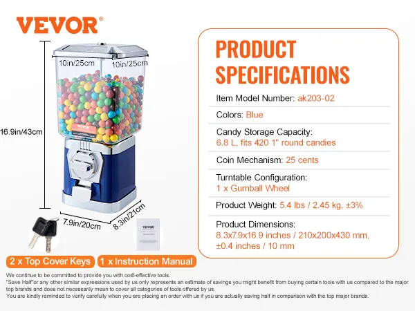 Máquina de chicles VEVOR con llaves, manual de instrucciones y especificaciones. Capacidad para 6,8 l y 420 caramelos.