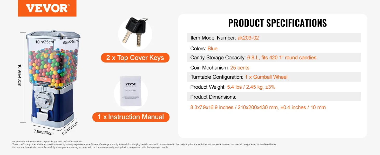 Máquina de chicles VEVOR con llaves, manual de instrucciones y especificaciones. Capacidad para 6,8 l y 420 caramelos.