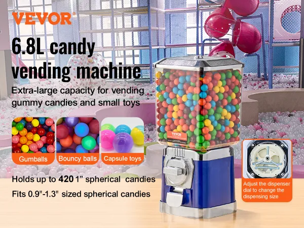 Máquina de chicles VEVOR con capacidad de 6,8 l para chicles, pelotas saltarinas y juguetes en cápsula, dispensador ajustable.