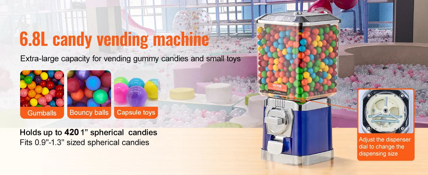 Máquina de chicles VEVOR con capacidad de 6,8 l para chicles, pelotas saltarinas y juguetes en cápsula, dispensador ajustable.