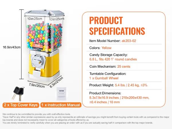 yellow VEVOR gumball machine with 6.8l capacity, includes 2 keys, and instruction manual.