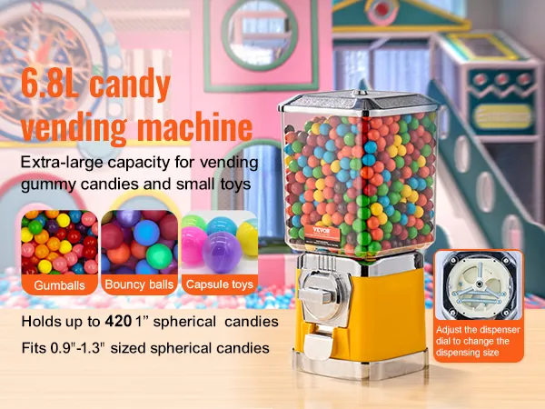 6.8l candy vending machine by VEVOR for gumballs, bouncy balls, and capsule toys, adjustable dispenser.