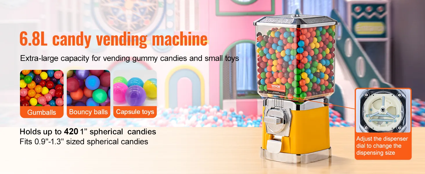 6.8l candy vending machine by VEVOR for gumballs, bouncy balls, and capsule toys, adjustable dispenser.