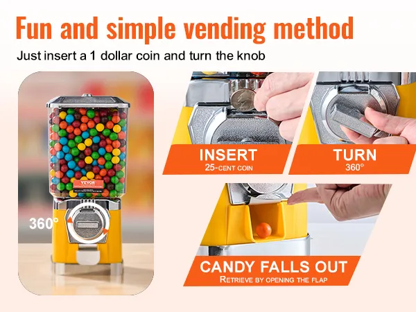 VEVOR gumball machine showcasing steps to vend candy: insert coin, turn knob, retrieve candy.