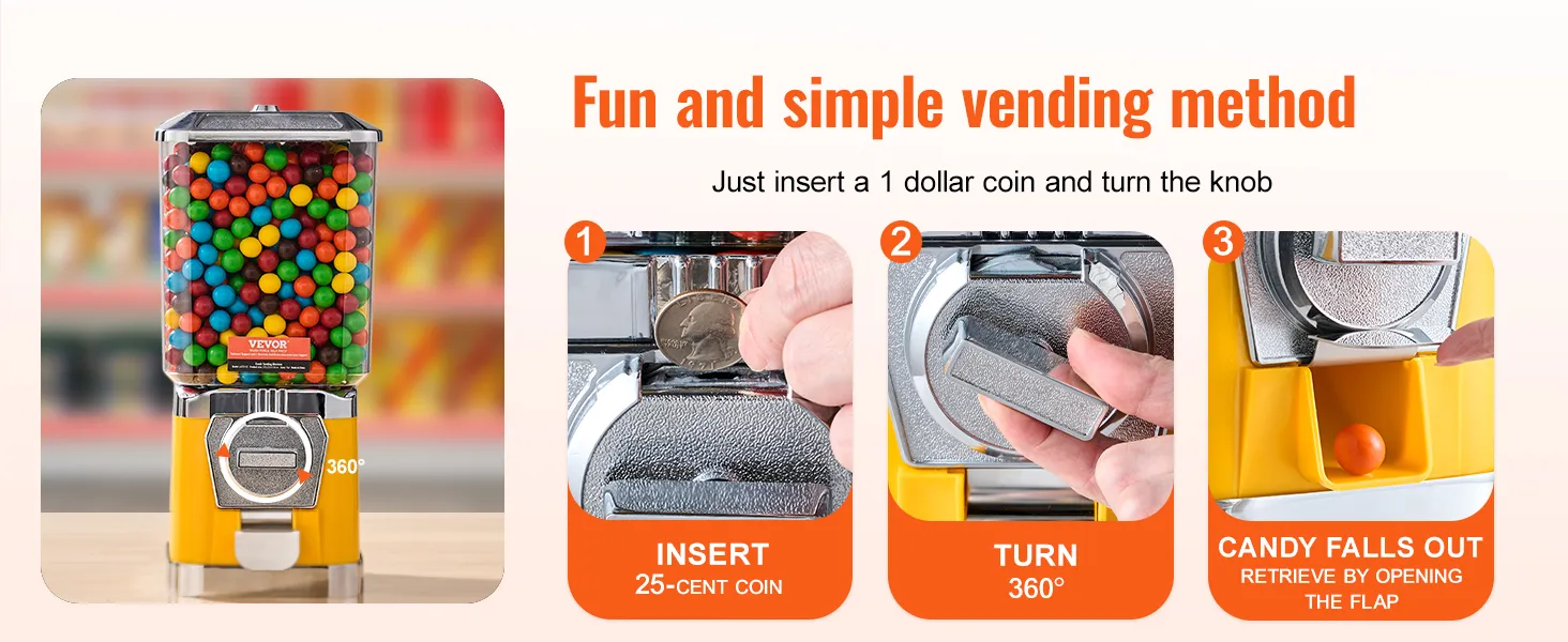 VEVOR gumball machine showcasing steps to vend candy: insert coin, turn knob, retrieve candy.
