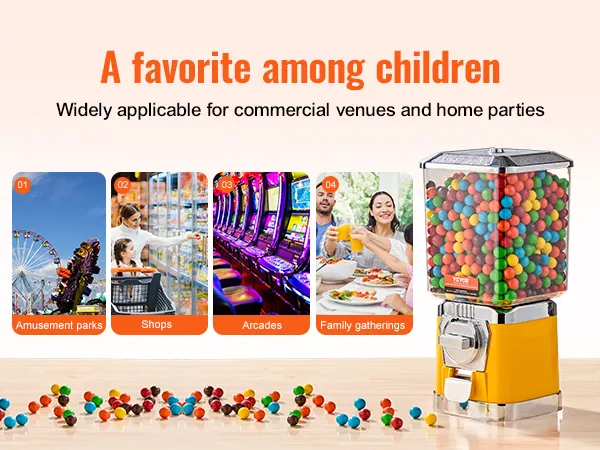 VEVOR gumball machine for amusement parks, shops, arcades, and family gatherings with colorful gumballs.