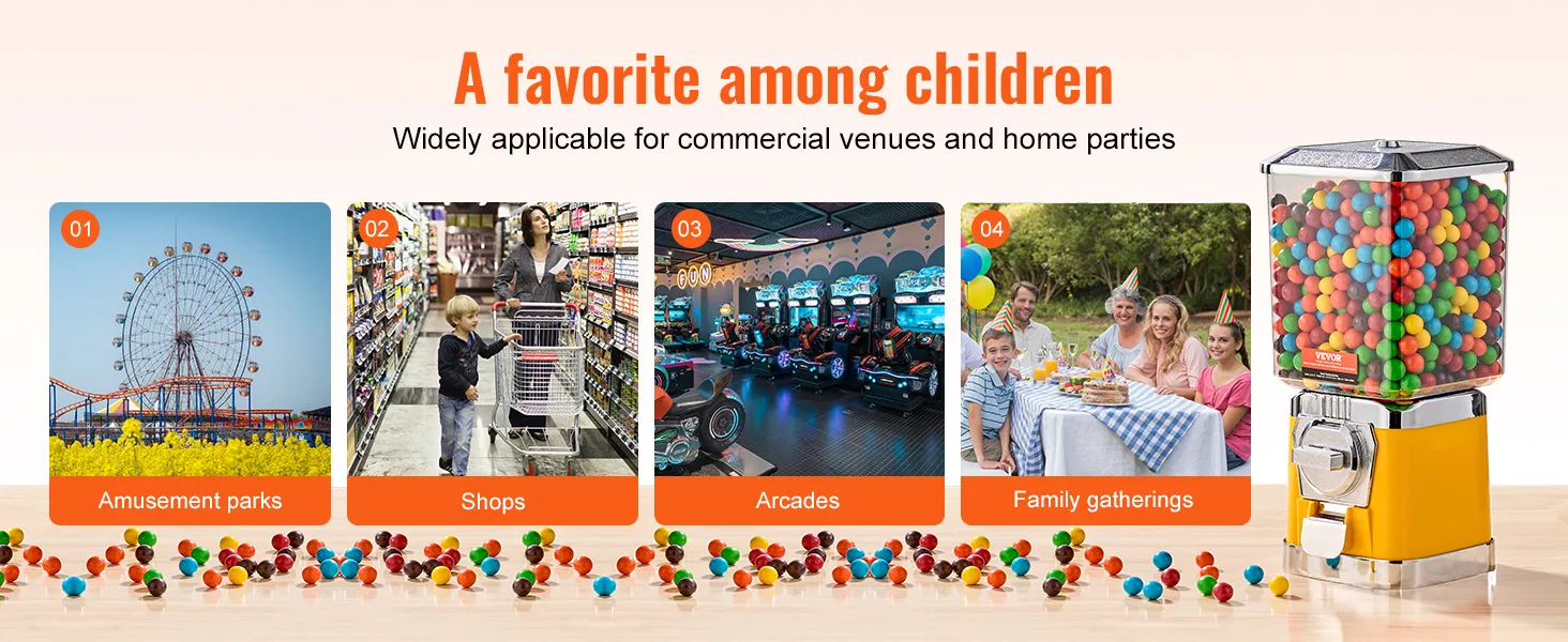 VEVOR gumball machine for amusement parks, shops, arcades, and family gatherings with colorful gumballs.