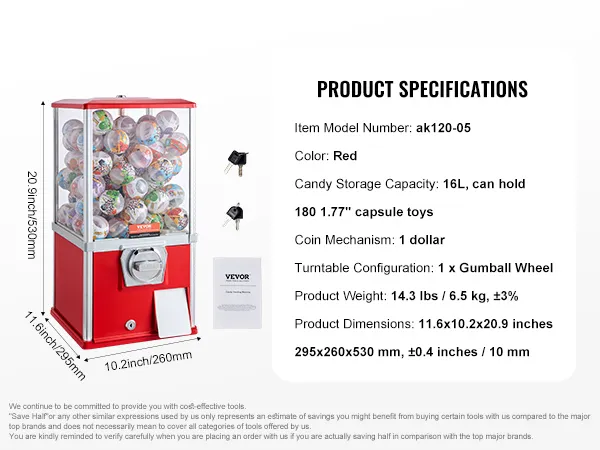 Máquina de chicles VEVOR roja con capacidad de 16 l, mecanismo de monedas, llaves y dimensiones del producto.