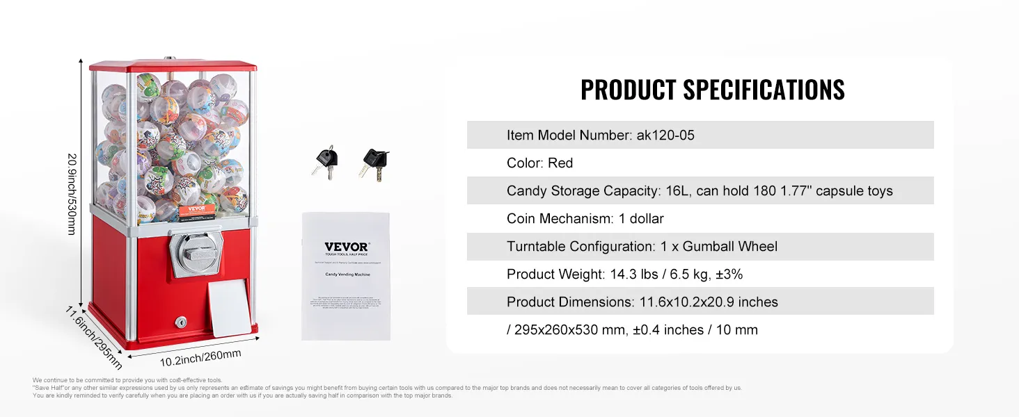 Máquina de chicles VEVOR roja con capacidad de 16 l, mecanismo de monedas, llaves y dimensiones del producto.
