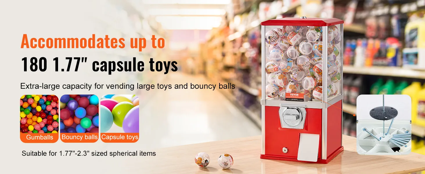Máquina de chicles VEVOR con base roja, admite 180 juguetes en cápsula, ideal para chicles y pelotas saltarinas.