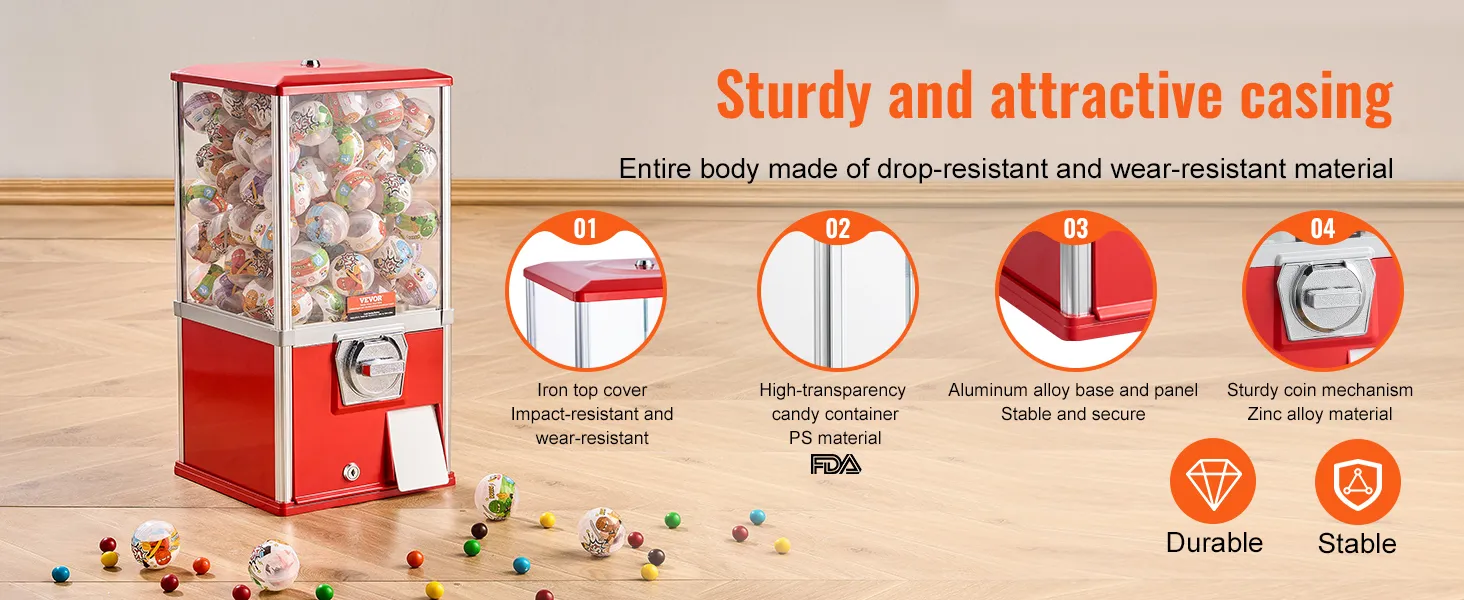 Máquina de chicles VEVOR con carcasa roja resistente, recipiente transparente y mecanismo de monedas duradero.