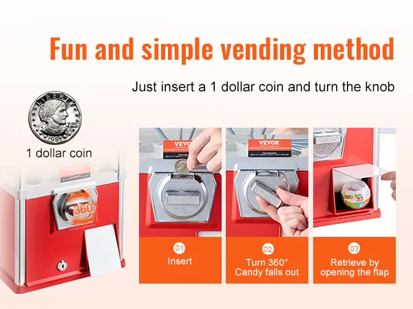 Máquina de chicles VEVOR: inserte una moneda, gire la perilla y recupere los dulces. Instrucciones de venta sencillas.