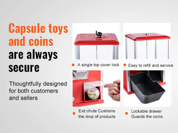 Máquina de chicles VEVOR con cerradura de seguridad en la tapa superior, fácil recarga, conducto de salida y cajón con cerradura.