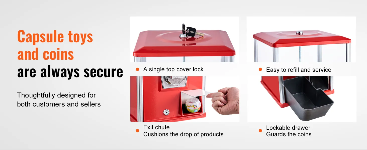 Máquina de chicles VEVOR con cerradura de seguridad en la tapa superior, fácil recarga, conducto de salida y cajón con cerradura.