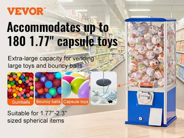 Máquina de chicles VEVOR para 230 juguetes en cápsulas de 1,77", pelotas saltarinas y chicles en el pasillo de una tienda de comestibles.
