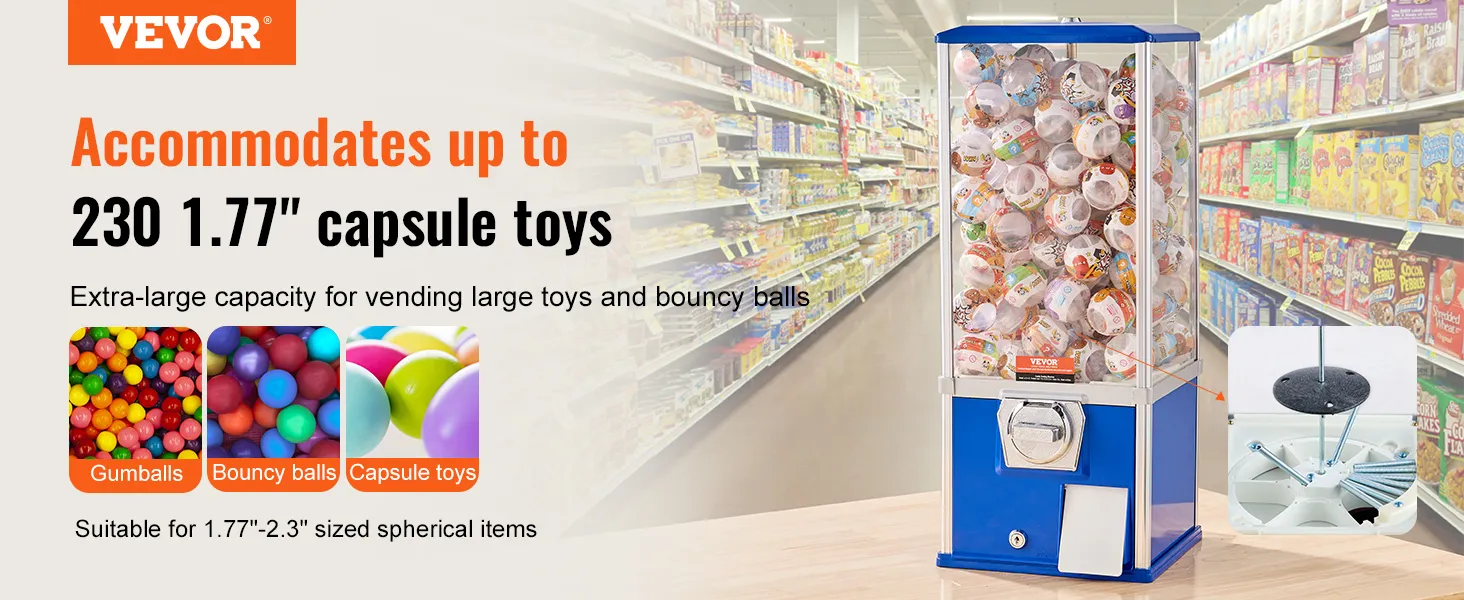 Máquina de chicles VEVOR para 230 juguetes en cápsulas de 1,77", pelotas saltarinas y chicles en el pasillo de una tienda de comestibles.