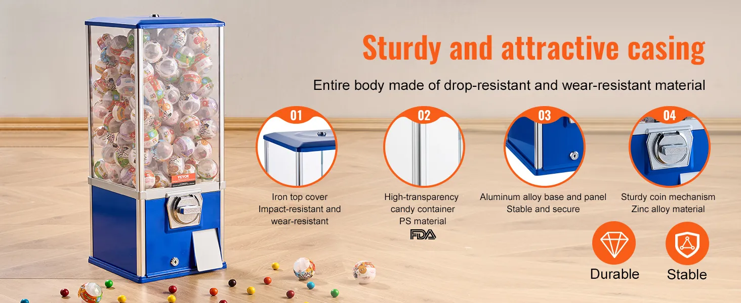 Máquina de chicles VEVOR con tapa de hierro, contenedor de dulces de alta transparencia y mecanismo de monedas resistente.