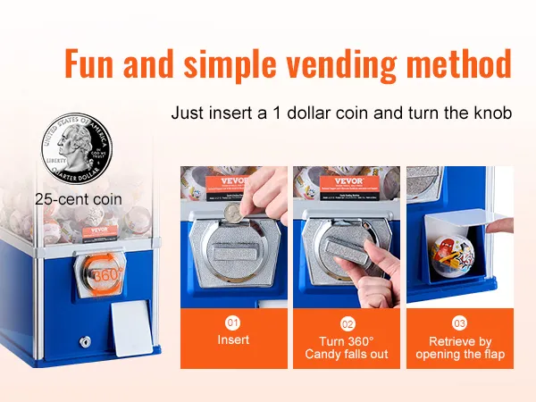 Máquina de chicles VEVOR divertida y sencilla: inserta una moneda, gira la perilla y recupera tus dulces.