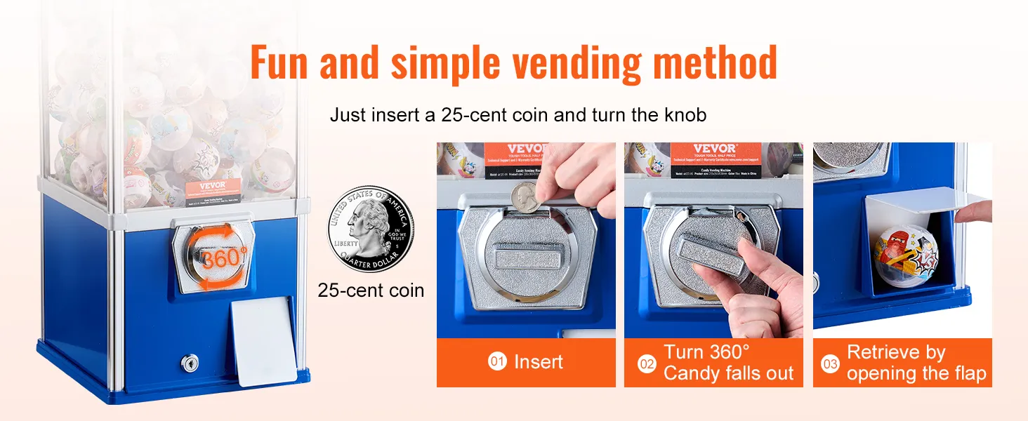 Máquina de chicles VEVOR divertida y sencilla: inserta una moneda, gira la perilla y recupera tus dulces.