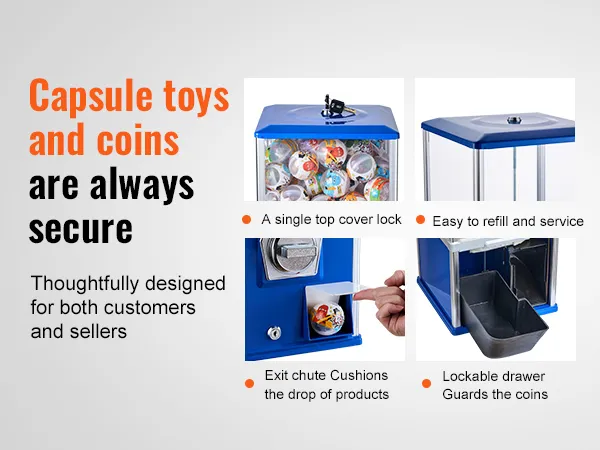 Los juguetes en cápsula y las monedas están seguros con la máquina de chicles VEVOR, que cuenta con cerradura superior, conducto de salida y cajón con cerradura.