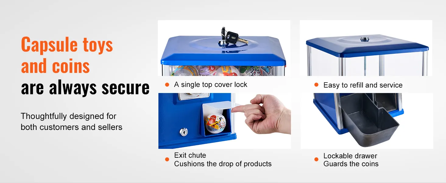 Los juguetes en cápsula y las monedas están seguros con la máquina de chicles VEVOR, que cuenta con cerradura superior, conducto de salida y cajón con cerradura.