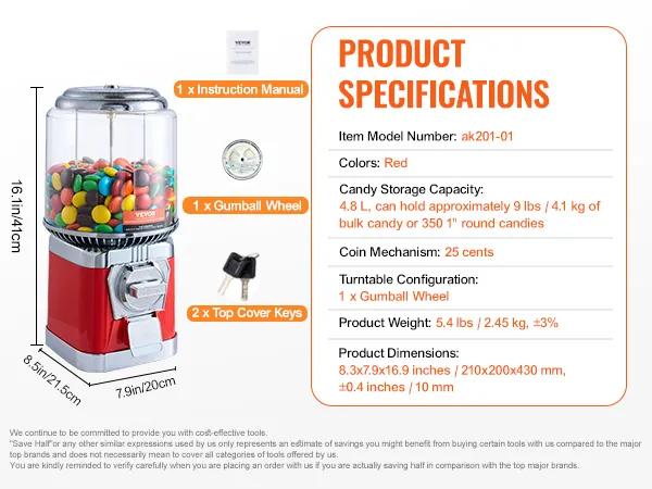 red VEVOR gumball machine with gumballs, dimensions, keys, and product specifications.