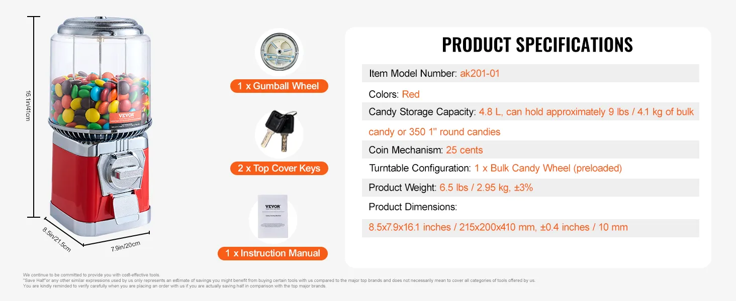 red VEVOR gumball machine with gumballs, dimensions, keys, and product specifications.