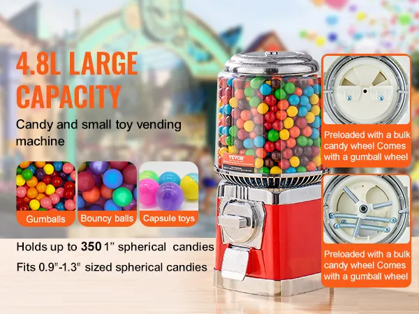 VEVOR gumball machine with 4.8l capacity for gumballs, bouncy balls, and capsule toys. holds up to 350 candies.