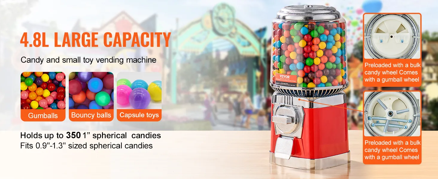 VEVOR gumball machine with 4.8l capacity for gumballs, bouncy balls, and capsule toys. holds up to 350 candies.